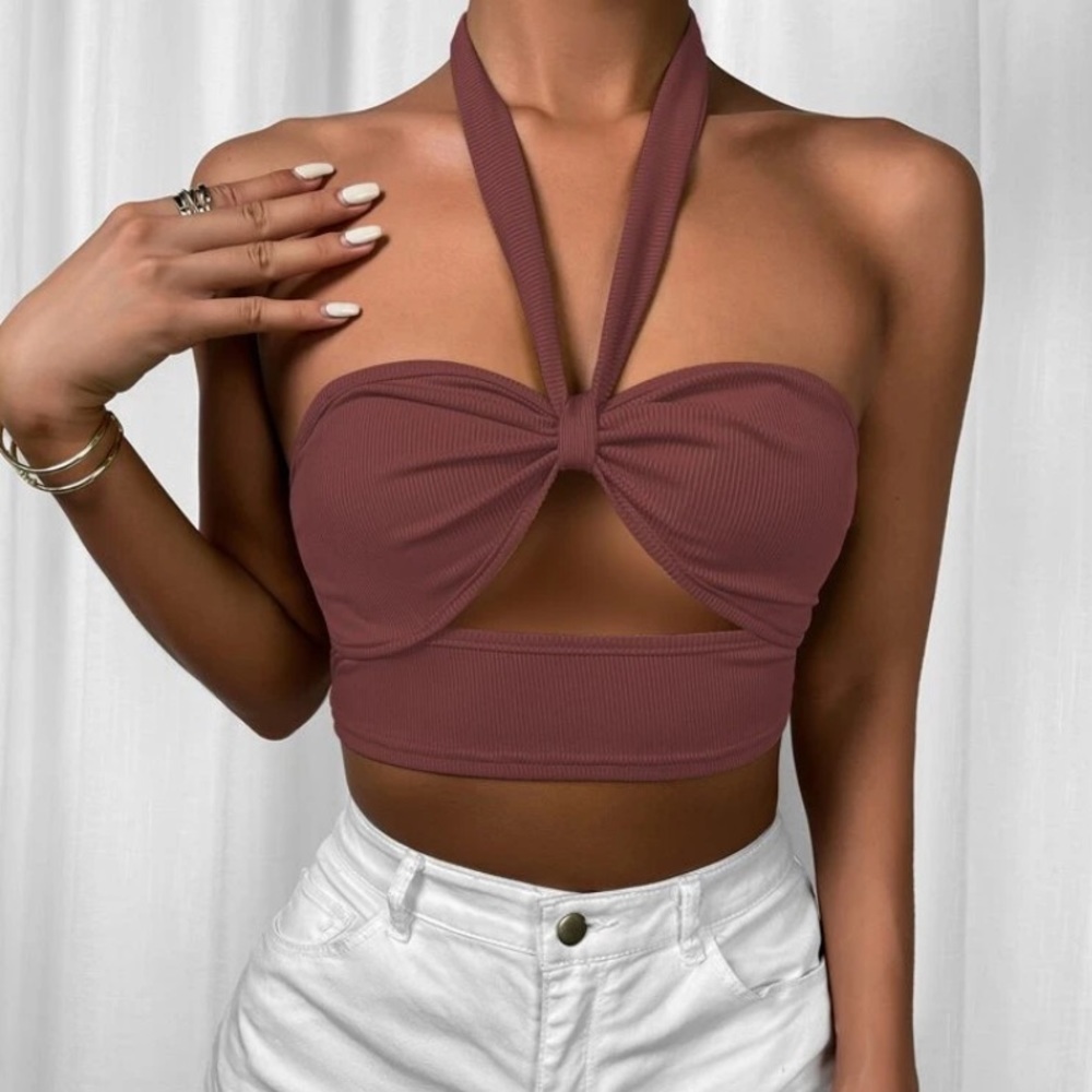Ruched Cut-out Halter Rib-knit Crop